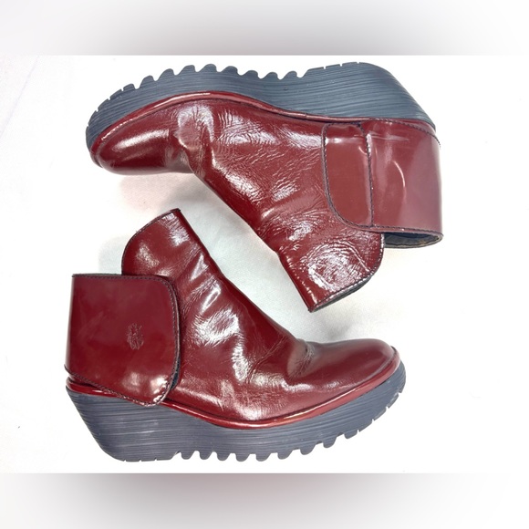 Fly London 10 Fly Wrap Over Chunky Platform Chelsea Style Ankle Boots Burgundy - Picture 3 of 9